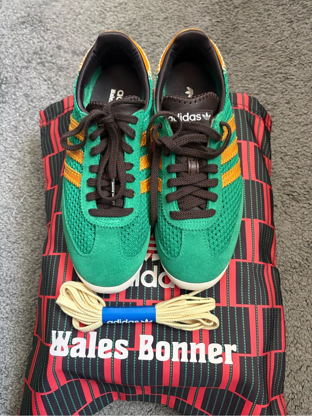 Wales Bonner Green Sneakers with Yellow Accent Stripes